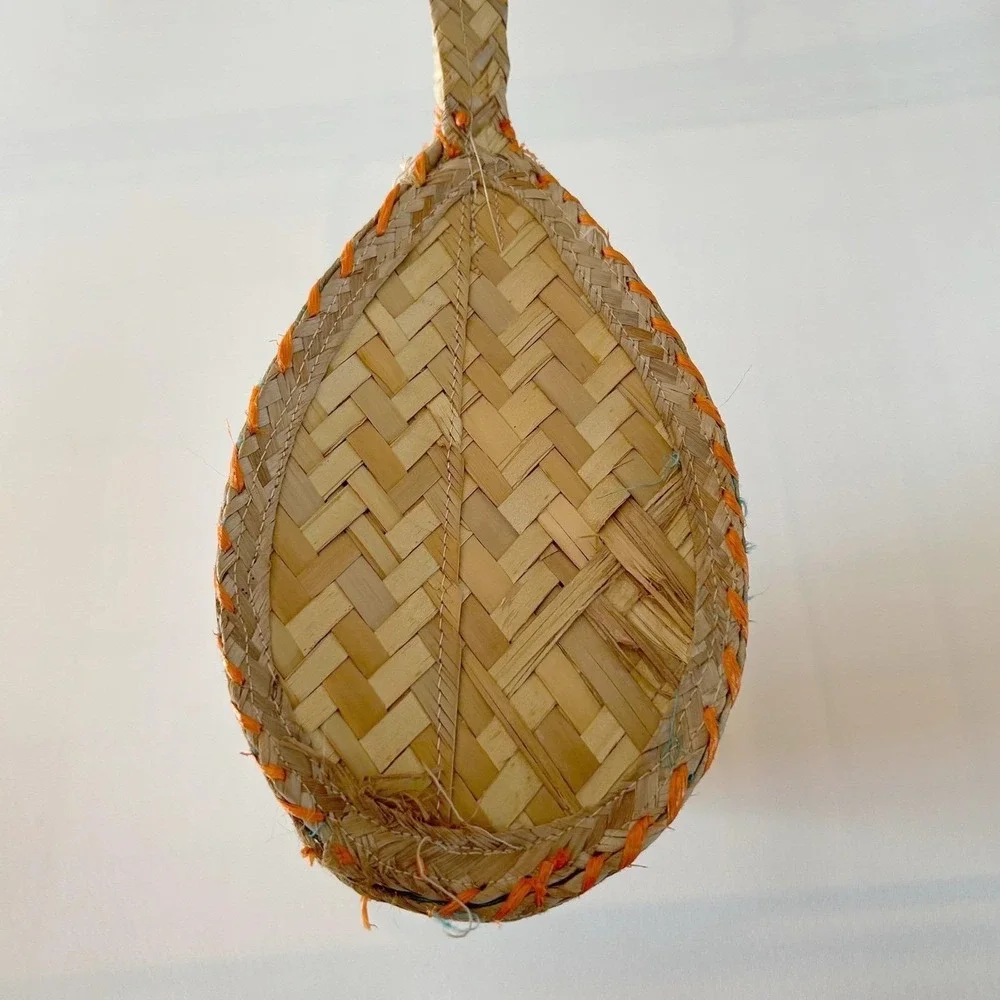 Vtg Woven Straw Handbag‎ Top Handle Orange Yellow Raffia Floral Boho Purse